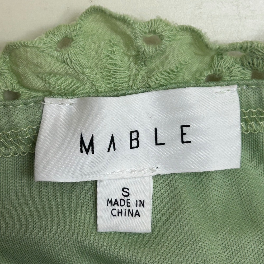 MABLE Maxi Dress Sz S Green Eyelet Boho Tie Shoulder Cottagecore Resort Festival - Picture 4 of 6